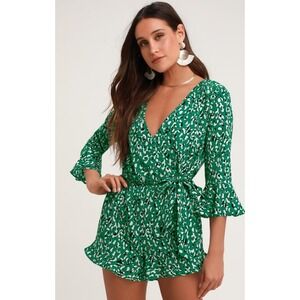 Lulus Make Moves Green and Black Print Flounce Sleeve Romper S Summer Resortwear
